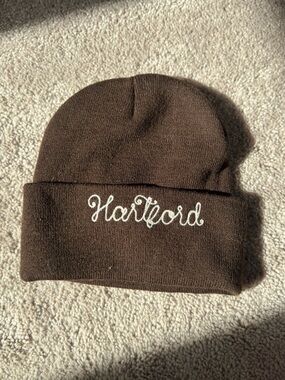 Hartford Brown Knit Cuffed Beanie with White Script